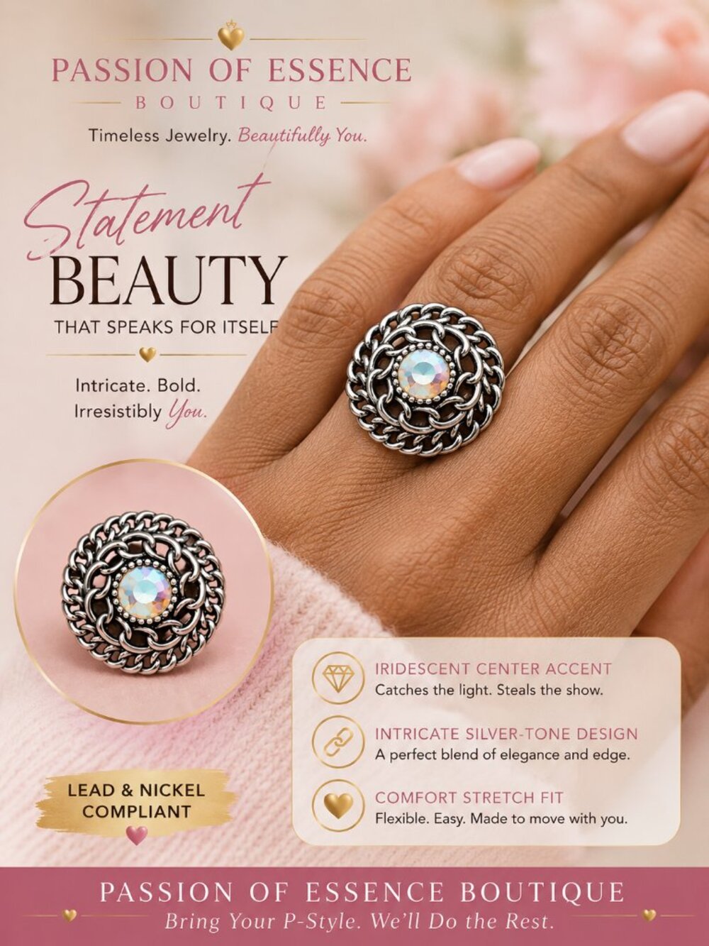 Iridescent Glow Silver-Tone Stretch Statement Ring